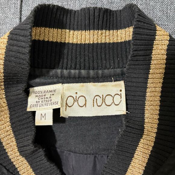 Vintage Pia Rucci Jacket Women Medium Black 100% Ramie Studded Gold Bomber - Picture 5 of 6
